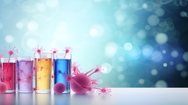 Drink for immunity Set of glasses with multicolored immune booster antivirus drink and 3D virus model on blue blurred background Natural medicine concept Immunity protection background AI