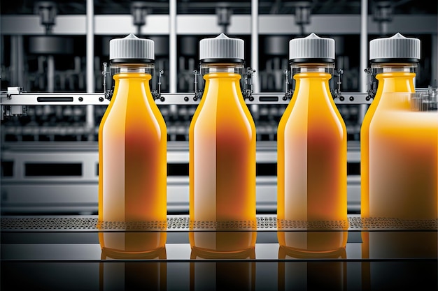 Drink is poured into plastic bottles on juice production line