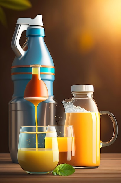 Drink is poured into plastic bottles on juice production