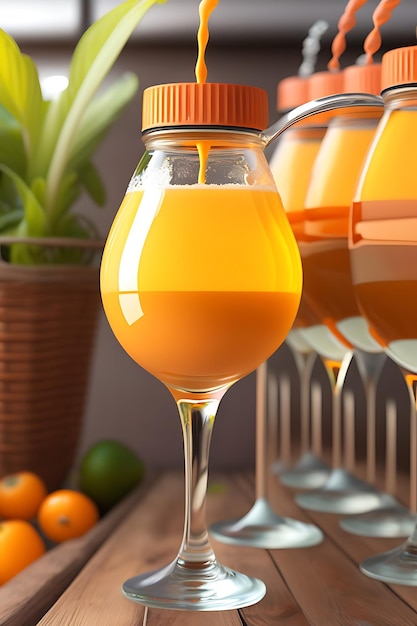 Drink is poured into plastic bottles on juice production