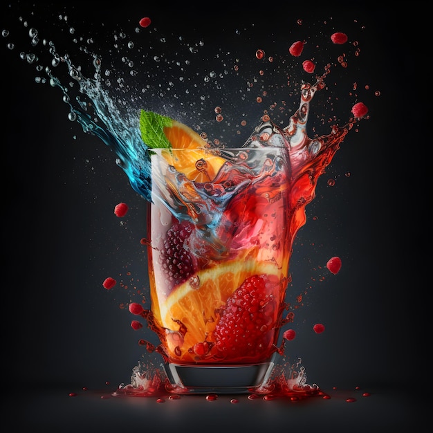 drink splash in a glass of refreshing multicolored summer cocktail in wine glass on dark background