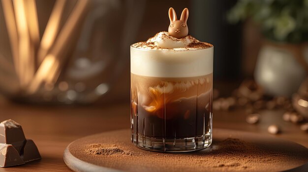 A drink with a bunny on top of it on a table next to a chocolate bar and a vase