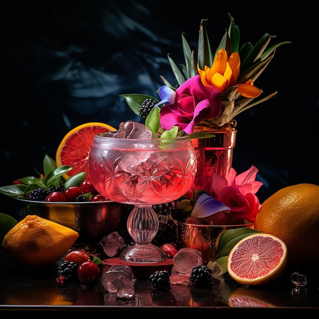 Photo a drink with flowers and oranges on a table