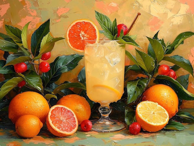 a drink with a glass of orange juice and a glass of oranges