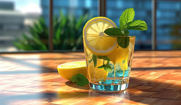 a drink with lemon on it and mint leaves on it