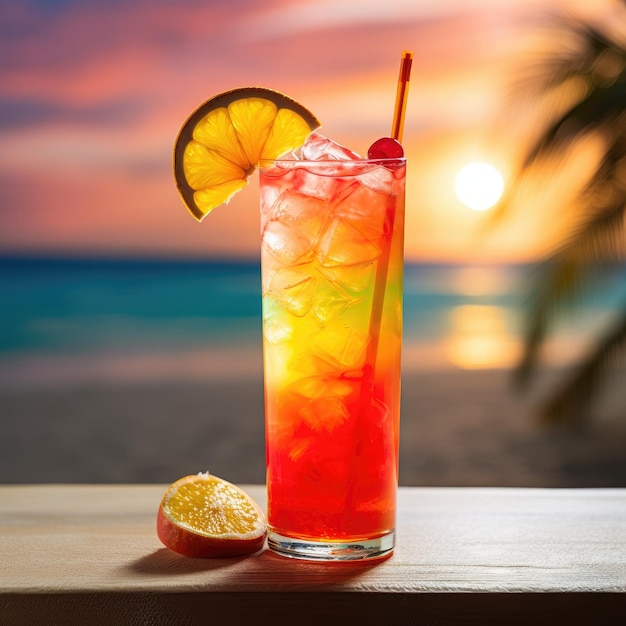 a drink with a lemon wedge next to it and a slice of lime on the table.