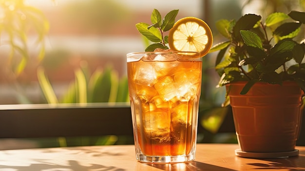 a drink with lemons and limes on a table