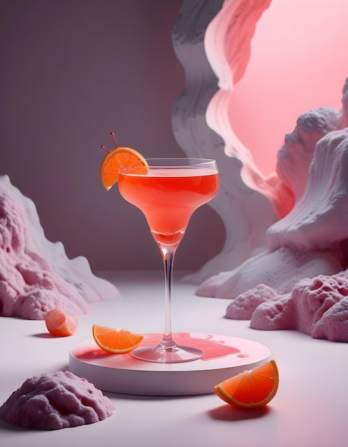 Photo a drink with orange slices on a tray and a pink background