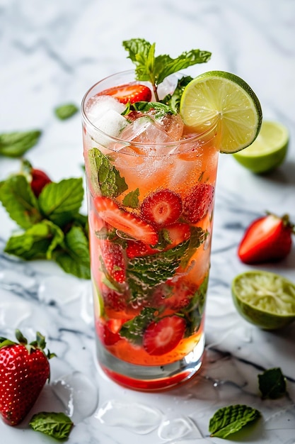 a drink with strawberries and limes on a table