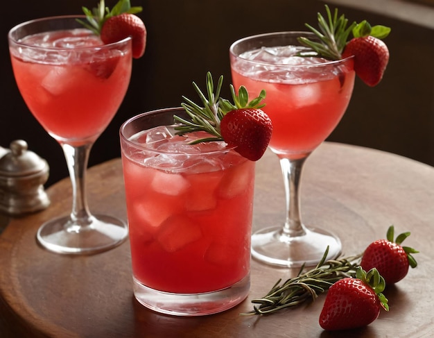 a drink with strawberries and a strawberries on a table