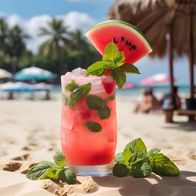 a drink with a strawberries and watermelon on the beach