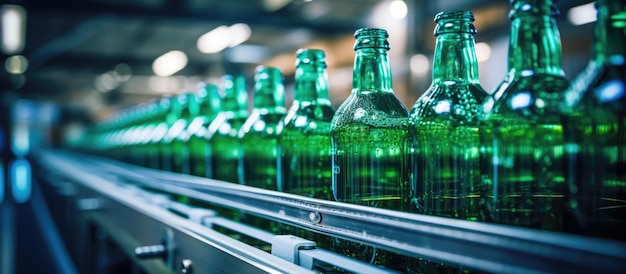 Photo drinks in bottles conveyor belt view beverage factory interior production line