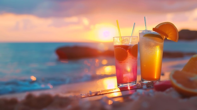 drinks with blur beach and sunset in background Generative AI