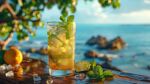 drinks with blur beach and sunset in background