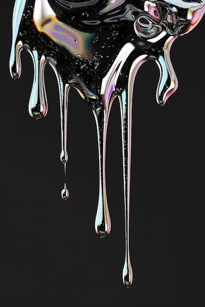 Dripping black liquid with iridescent sheen against dark backgro