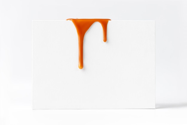 Dripping caramel drops of sweet caramel sauce on white podium on white background Melted caramel