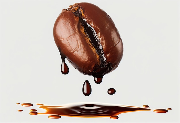 Photo dripping coffee beans and chocolate syrup on a white background