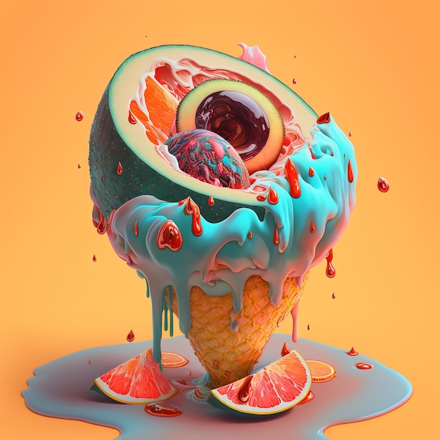 dripping ice cream with fruits concept illustration in 3d