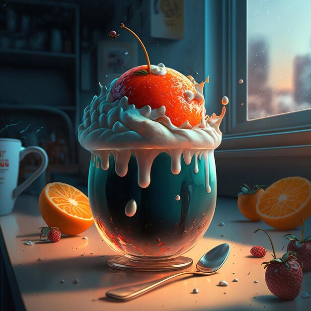 dripping icecream with fruit concept 3d illustration