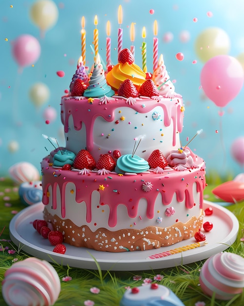 Dripping Icing Birthday Cake with Candles Generative Ai