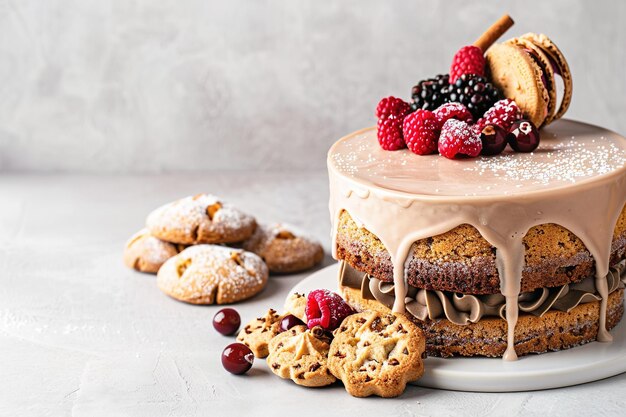 Photo dripping icing on layered cake with berries and cookies