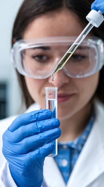 Dripping liquid from pipette into test tube in laboratory closeup