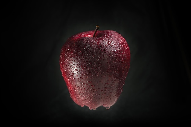 A dripping red apple stands alone on a black background