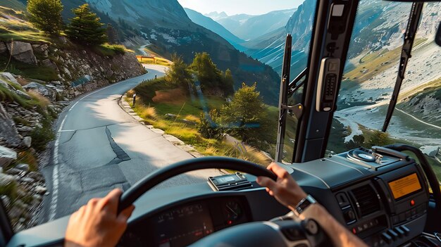 Photo a driver drives a mountain road with a view of the road