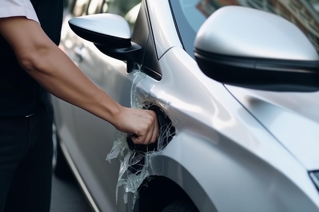 Driver hand examining dented car with damaged fender parked on city street side Road safety