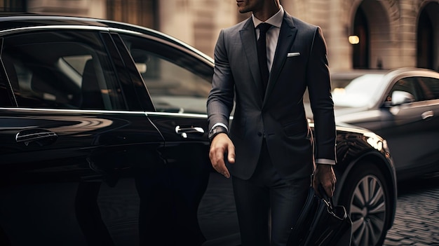 a driver impeccably dressed opening the car door with a courteous hand for his passenger Highlight the subtle interactions and the scene's upscale ambiance