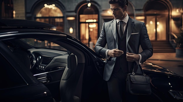 a driver impeccably dressed opening the car door with a courteous hand for his passenger Highlight the subtle interactions and the scene's upscale ambiance