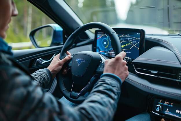 Driver Navigating City Streets in a Modern Volvo with Advanced GPS and Dashboard Features