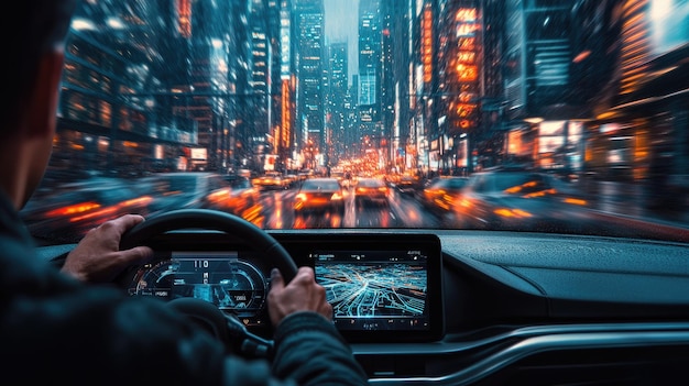 Photo driver navigating rainy city streets at night urban view through car windshield