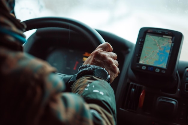 Driver Navigating with GPS Closeup of a drivers hand on a steering wheel wearing a smartwatch with GPS navigation focusing on the journey ahead