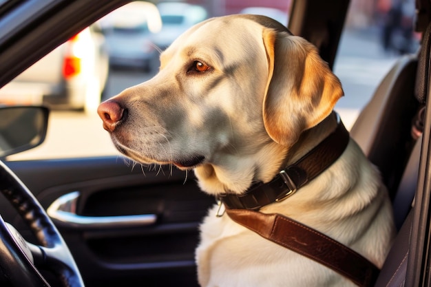 In the driver's seat a pet Labrador enjoys a car ride Animal trip theme