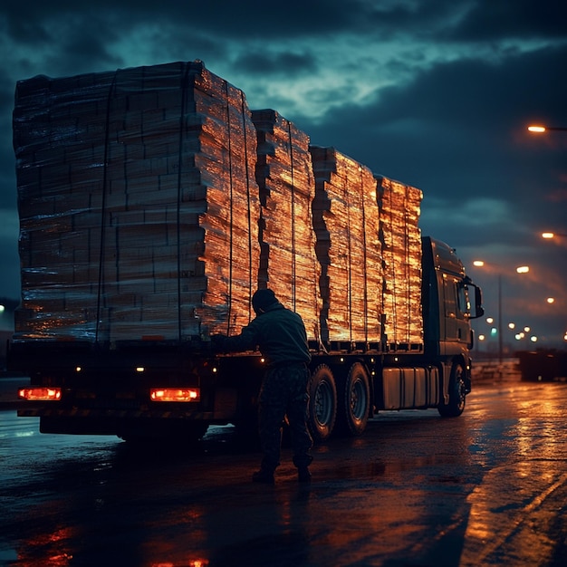 Photo driver securing goods on lorry with straps