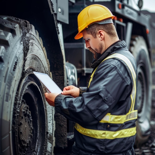 Photo driver in uniform using tablet to monitor tire pressure of large coal dump truck