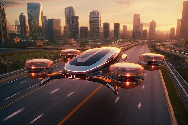 Driverless autonomous flying drone car landing on the road futuristic technology Generative AI