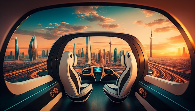 Driverless Autonomous Vehicle's futuristic cabin autopilot Generative AI and SelfDriving Taxi Car in a Modern City