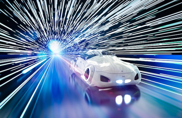 Driverless car or autonomous car with 3d rendering car in rail light tunnel