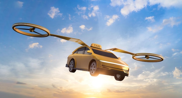 Driverless taxi or autonomous taxi with electric flying yellow car