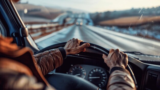 Photo drivers hand on steering wheel driving towards the horizon