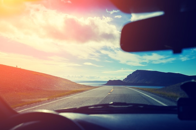 Driving a car on mountain road Nature Norway Polar circle The way to Nordkapp