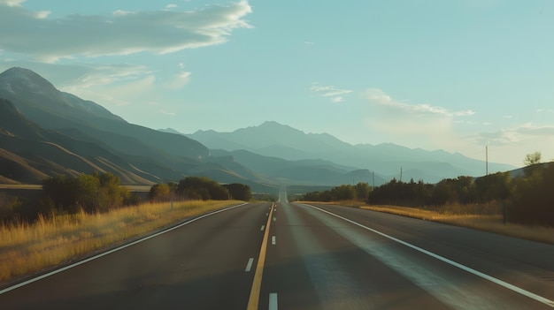 Driving down an empty road Highway in mountains Car driving on road Road landscape C Generative AI