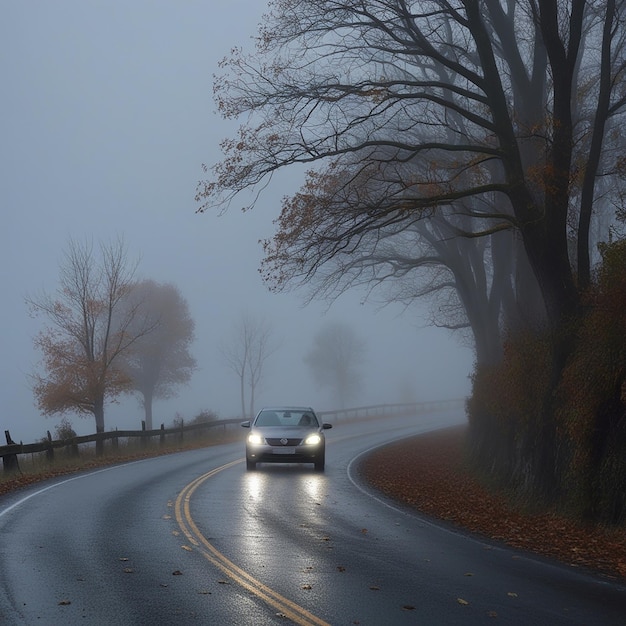 Photo driving on a gray and heavy foggy day on country road drive safely in autumn and in winter