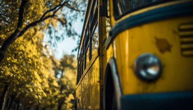 Photo driving an old yellow bus through the autumn forest generated by ai