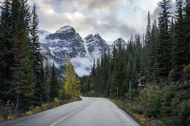 Driving on road in pine forest with rocky mountains at Moraine lake, Canada