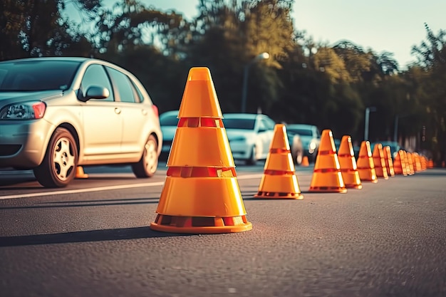 Driving school exam with traffic cones near car outdoors