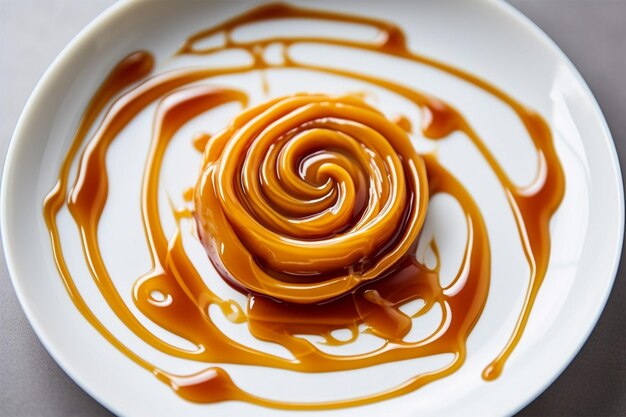 A Drizzle Of Sweet Caramel Sauce On A White Plate