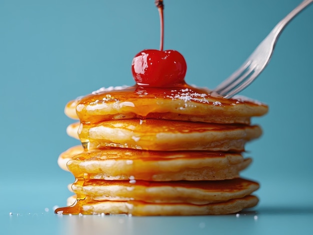 Photo drizzling maple syrup on stack of pancakes with cherry on top